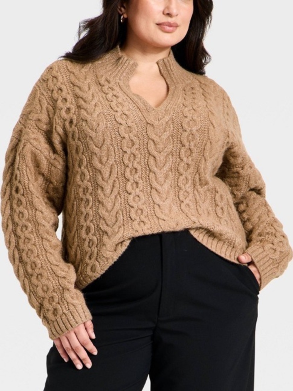 Turnover Split Neck Cable Knit Pullover Sweater A New Day Brown